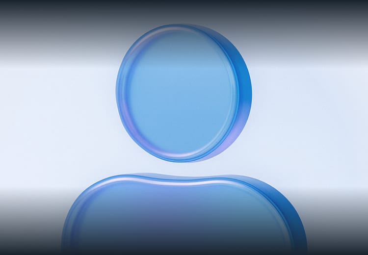 A stylized blue icon with a circular head and oval torso on a light background, resembling a generic user profile symbol.