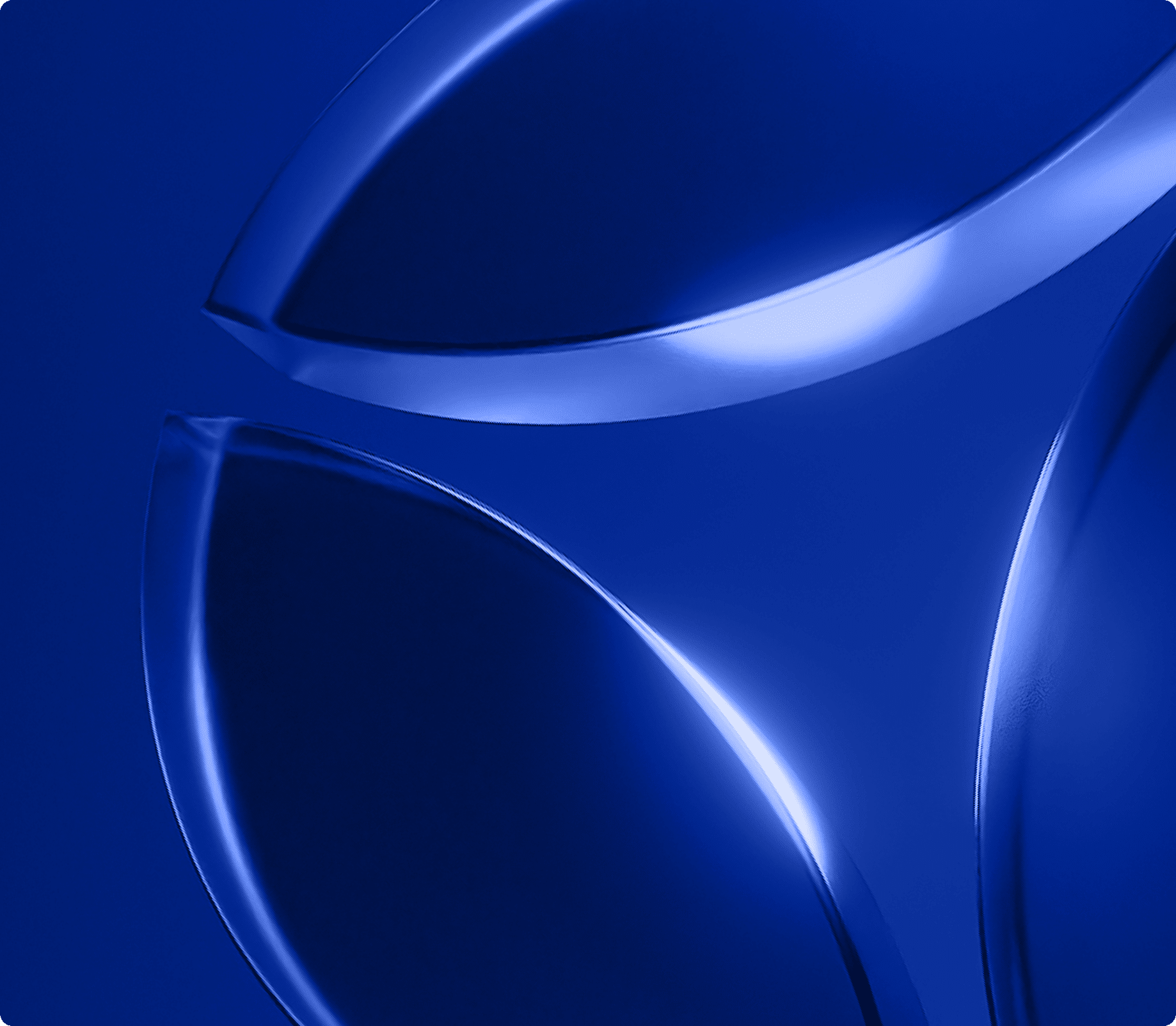 Close-up of three blue curved metallic shapes with sharp edges, arranged in a symmetrical abstract pattern on a solid blue background.