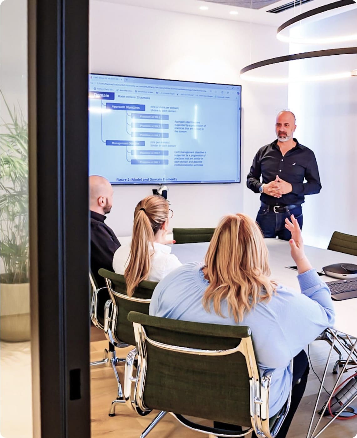 A man gives a presentation to three seated colleagues in a conference room, with a flowchart displayed on a large screen behind him.