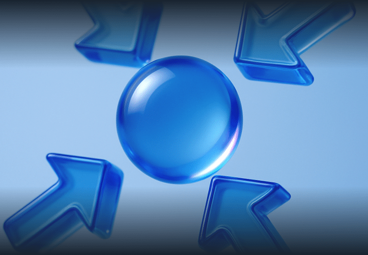 A glossy blue sphere is centered on a light surface with four translucent blue arrows pointing toward it from each corner.