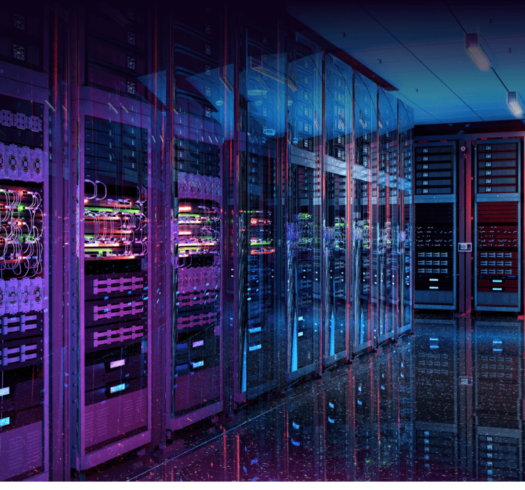 A modern data center with rows of server racks, illuminated by blue and purple lights, reflecting on the shiny floor, showcases advanced enterprise security and cutting-edge cybersecurity measures.
