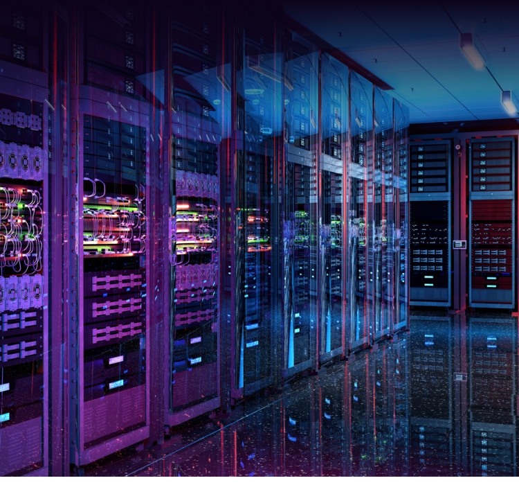 A modern data center with rows of illuminated server racks, highlighting advanced enterprise security measures and colorful lights reflecting on the shiny floor.