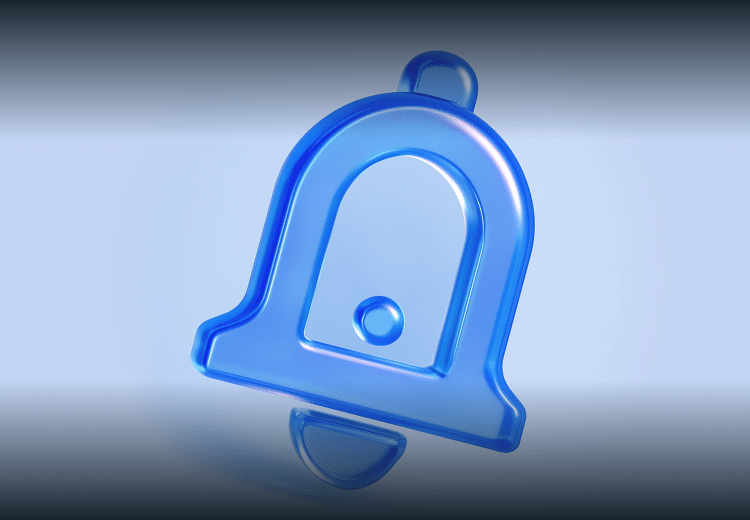 A translucent blue bell icon on a gradient background, resembling a digital notification symbol.