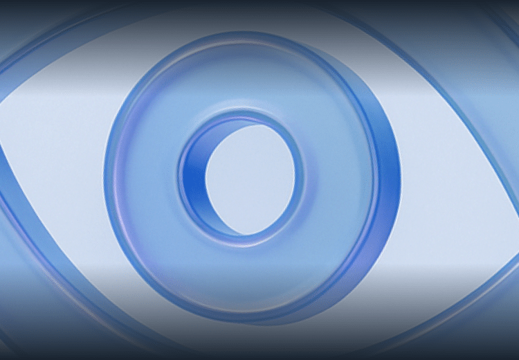 A stylized, translucent blue eye icon with a circular center on a dark gradient background.
