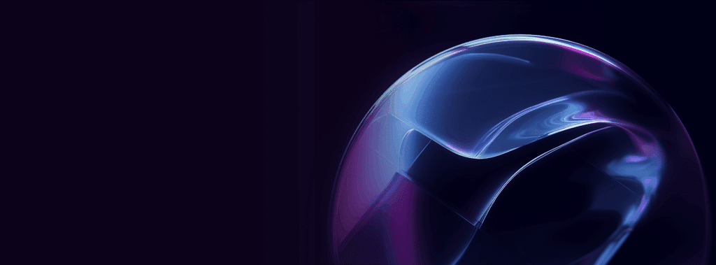 Abstract 3D glass-like object with curved, smooth surfaces reflecting blue and purple light against a dark background, evoking the sophisticated complexity of modern enterprise security and cybersecurity solutions.