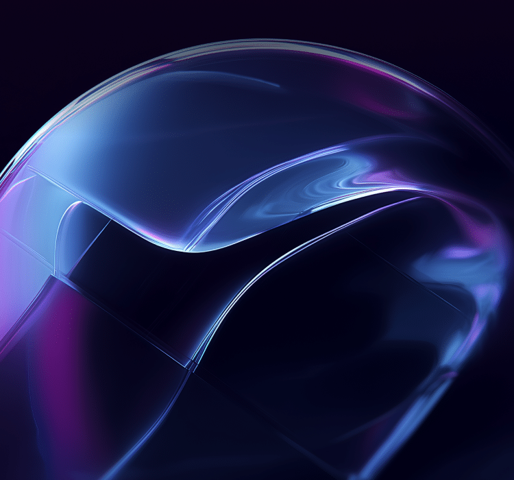 A smooth, glossy abstract shape with blue and purple lighting suggests enterprise security, featuring curved lines and reflections on a dark background.