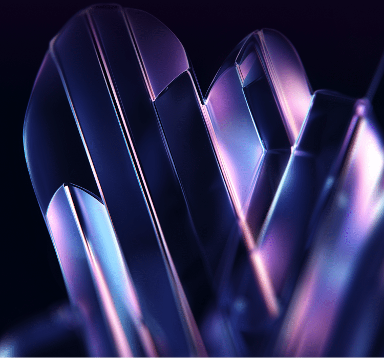 Close-up of abstract, shiny, purple and blue glass-like shapes with smooth surfaces and reflective lighting against a dark background, evoking concepts of enterprise security and threat intelligence.