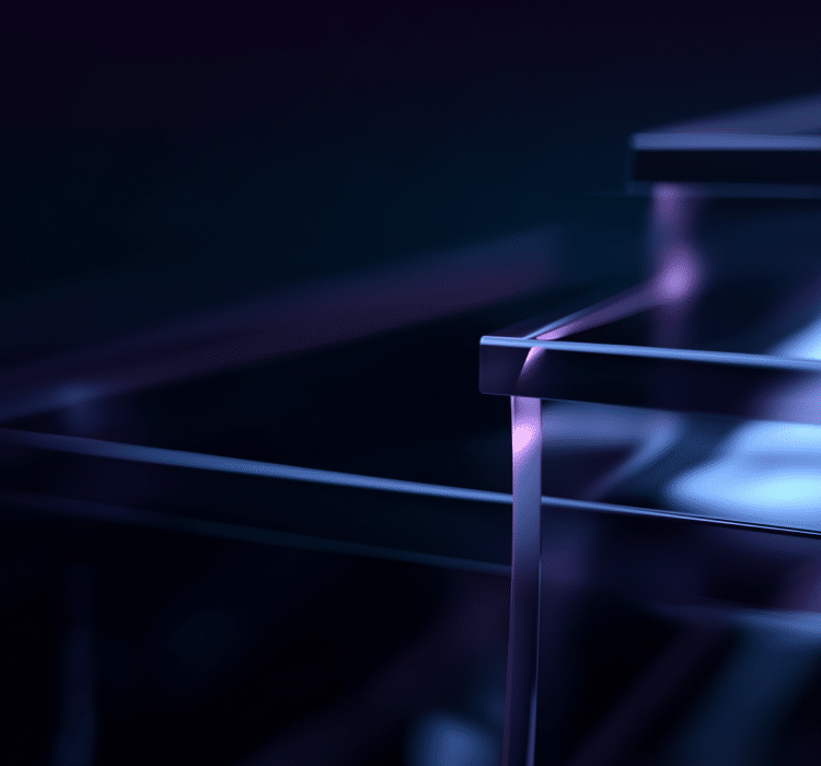 A close-up of transparent, staggered glass shelves illuminated by soft blue and purple lighting evokes the sophistication of enterprise security systems against a dark background.