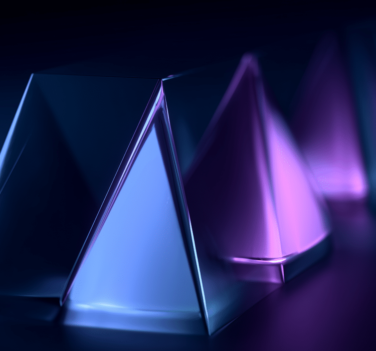 Glass triangular prisms with blue and purple lighting sit on a dark surface, their reflections evoking a sense of threat intelligence and abstract enterprise security within the geometric composition.