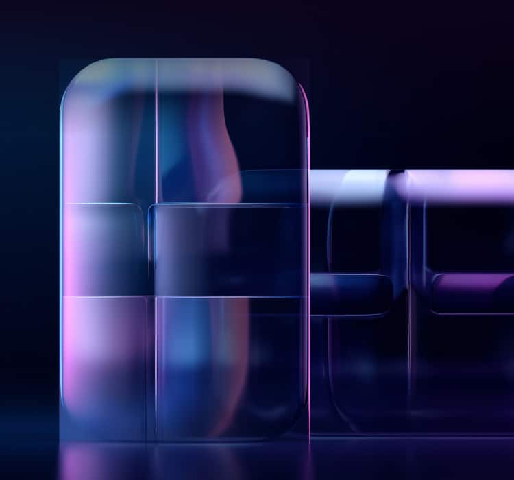 A glass-like abstract object with rectangular and curved sections is lit with purple and blue gradients against a dark background, evoking a sense of cybersecurity and threat intelligence.