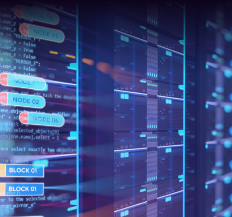 Server racks with illuminated lights and overlay of digital code blocks, suggesting data processing or computing operations in a data center environment focused on enterprise security and threat intelligence.